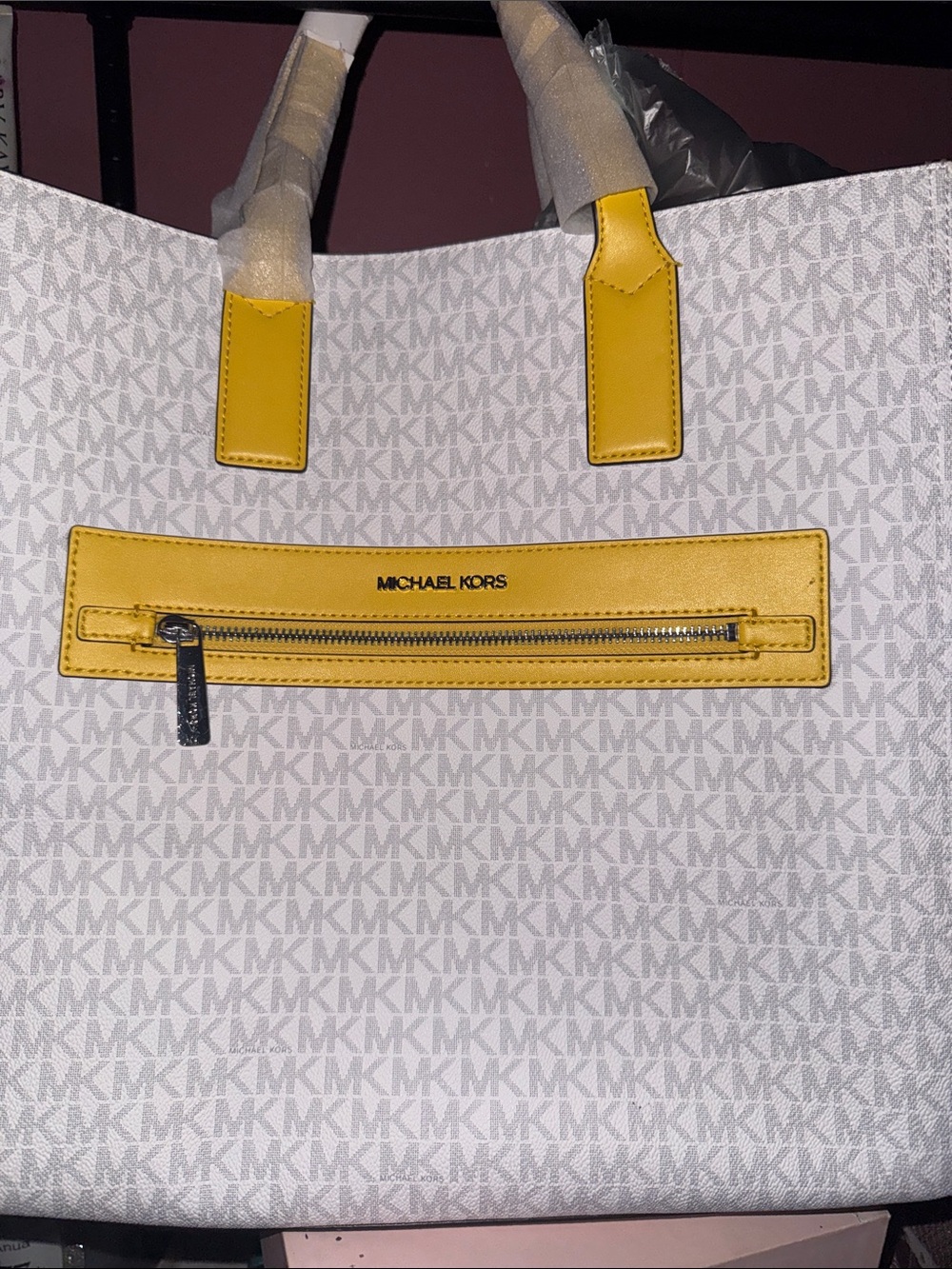 NWT Michael Kors White and Yellow Logo Tote